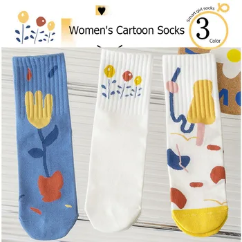 Милые мультяшные женские носки Цветы тюльпана, граффити, Кавайные хлопчатобумажные носки для девочек, Корейская мода, красочные кальцетины