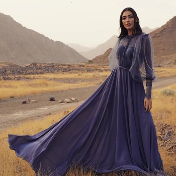 Фиолетовое Элегантное Марокканское вечернее платье-кафтан, тюлевое платье трапециевидной формы длиной до пола, платье знаменитостей со шлейфом, платье для выпускного вечера в Саудовской Аравии