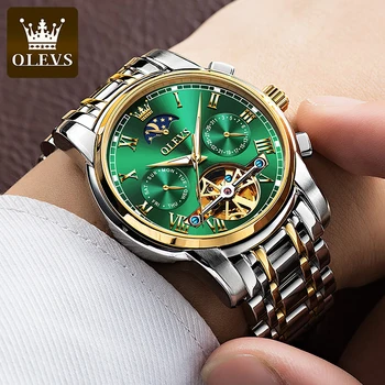 OLEVS Мужские часы Лучший бренд класса Люкс, Позолоченные Мужские Механические часы Green Water Ghost, Модные часы с полым циферблатом, Водонепроницаемые 6617