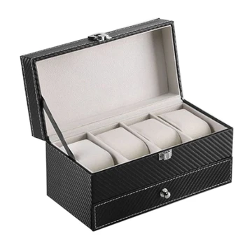 Коробка для часов с 4 сетками, коробка для часов, Двойная витрина для ювелирных изделий, коробка для хранения на полке, подарочная коробка, черная и бежевая