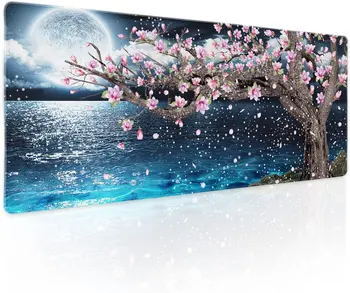 Японский розовый коврик для мыши с цветочным рисунком XL Сакура, вишня, Магнолия, Голубой океан, Луна, ночной настольный коврик с прошитыми краями, длиной 31,5 × 11,8 дюйма
