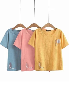 Хлопковые льняные повседневные футболки с круглым вырезом, свободная винтажная футболка с вышивкой, Розовый топ с коротким рукавом, Летняя новая женская футболка