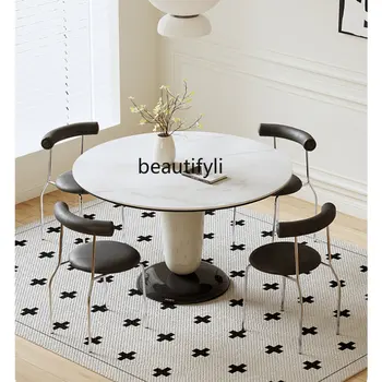 круглый стол бытовой стол Современный простой и легкий Роскошный обеденный стол с круглой каменной плитой Комбинированный стол и стул
