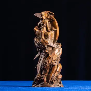 Деревянная скульптура Куань Инь: Поза сидящей на Луне - Изысканное мастерство в деревянной коричневой отделке, неподвластная времени классическая элегантность