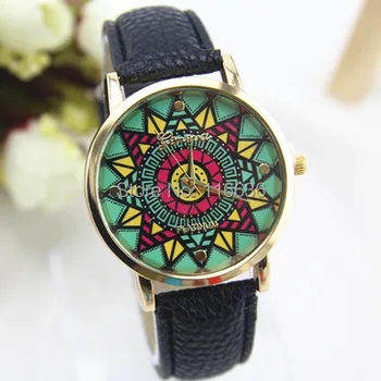 Платиновые женские Новые этнические часы Мексиканское Солнце Этническая мода Плетеный Золотой браслет-цепочка Кварцевые наручные часы в Женевском стиле