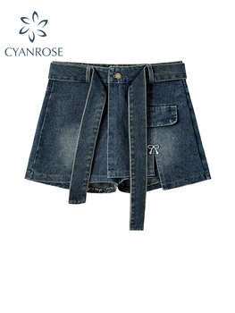 Женские джинсовые шорты 2023 Летние Свободные мешковатые синие джинсовые шорты с высокой талией в корейском стиле, повседневные Широкие короткие брюки с поясом