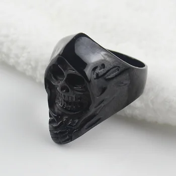 Черное мужское кольцо Grim Reaper Skull Biker из нержавеющей стали Angel of Death Gothic, размер США 7-15