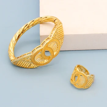 Набор браслетов и колец для женщин, 24-Каратный позолоченный браслет, подарок на свадьбу в Нигерийском стиле, Выдалбливают Итальянский дизайнерский ювелирный аксессуар