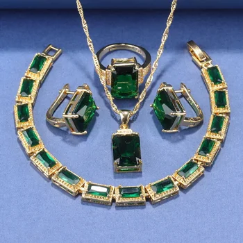 Абая для женщин Дубай 2023 Модные Зеленые ювелирные наборы Ожерелье Браслет и серьги с цирконием Кольцо Золотого цвета Свадебные аксессуары