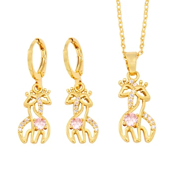 Наборы ювелирных изделий для женщин, серьги-подвески с кубическим цирконием в виде Жирафа, Покрытые 18-каратным золотом, Нежные милые ювелирные подарки