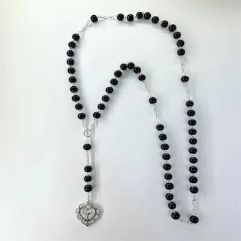 Викторианские черные четки, Y2k, ожерелье-четки ручной работы из черного бисера, ювелирные изделия с подвесками в виде креста в стиле темного искусства GothiHeart