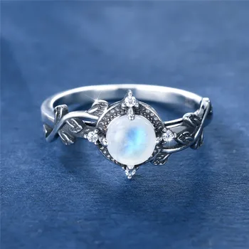 Антикварное кольцо с лунным камнем, классические обручальные кольца с круглым камнем Для женщин, Винтажные ювелирные изделия из стерлингового серебра 925 пробы, обручальные кольца