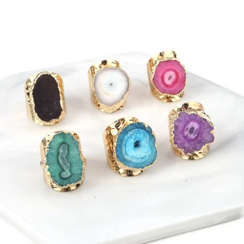 Кольца с друзами из тонкого натурального камня, Позолоченные Разноцветные агаты, Регулируемое кольцо на палец, ювелирные изделия для женщин, подарки для вечеринок