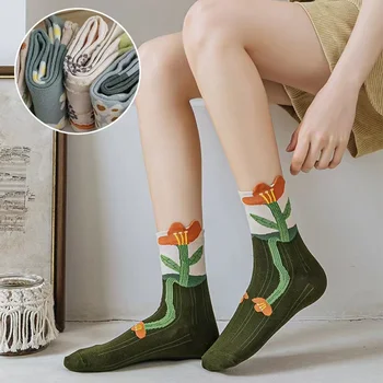 Женские носки в стиле ретро, повседневный хлопок, тренд средней длины, Японские цветы, подарки для девочек, Каваи, забавная мода, Харадзюку Оптом