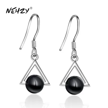 Серебряная игла NEHZY 925 Новая женская мода высококачественные ювелирные изделия простые ретро треугольные длинные серьги с черным агатом
