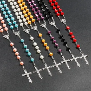 Католический христианский крест, Четки, длинное ожерелье из искусственного жемчуга, цепочка для свитера для мужчин и женщин