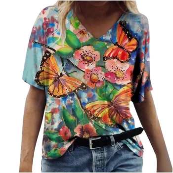 Летняя женская футболка с 3D бабочкой, повседневный V-образный вырез, короткий рукав, одежда для девочек, негабаритная эстетика, Модные женские топы
