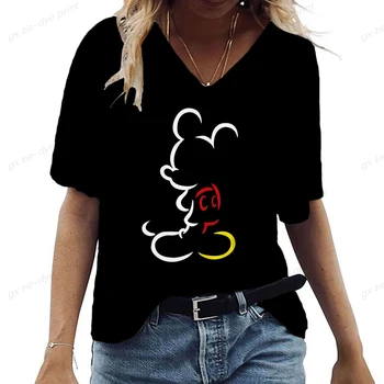 Летняя футболка с принтом Микки Мауса, женская футболка с коротким рукавом и 3D рисунком Минни Дисней, модный повседневный женский свободный топ с V-образным вырезом.