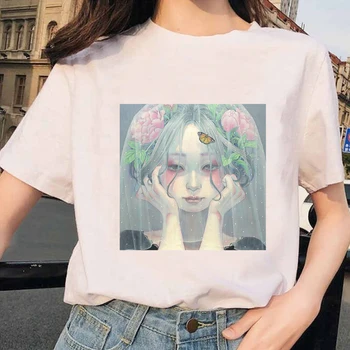 Японская одежда Лето 2020, Новое поступление, женская футболка с принтом аниме с милым персонажем, модные топы Harajuku Kawaii, женская футболка