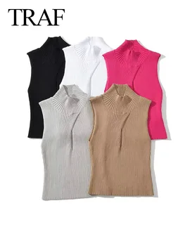 TRAF 2023 С капельками воды на груди, полый пуловер без рукавов, однотонный вязаный жилет для женщин, Новый модный Летний топ