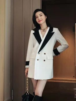 Модный классический черно-белый контрастный костюм с чувством стиля пальто элегантный тонкий костюм средней длины юбка женская