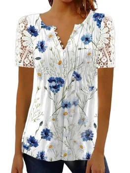 Новая летняя элегантная модная рубашка Весенняя женская Свободная и удобная Повседневная кружевная блузка с V образным вырезом и цветочным принтом с коротким рукавом