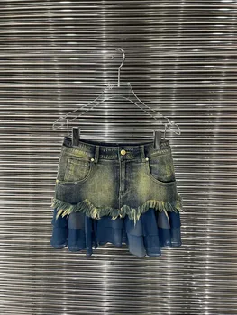 2023SS Летняя Женская мода, Высококачественная Сетчатая джинсовая мини-юбка в стиле пэчворк для леди, 2 цвета Ddxgz2 3,14