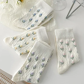 Женские Белые хлопчатобумажные носки с цветком Тюльпана в стиле Харадзюку в стиле ретро, Цветочная тема Каваи, Носки средней длины для девочек, Студенческие носки в стиле Лолиты, Новые