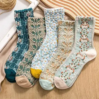 1 пара винтажных носков Harajuku в стиле ретро С вышивкой, Весенние женские Японские Кавайные Милые Носки, Этническая мода в стиле Лолиты с кружевами и цветами