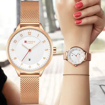 Relogio Feminino Curren Простые женские наручные часы люксового бренда Fashion Date Dress Женские часы из розового золота для женщин 2020 г.