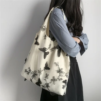 Холщовая сумка-тоут для женщин 2023, Дизайнерская сумка для девочек, повседневная вышивка, Бабочка, вязаная крючком, Милые сетчатые сумки через плечо