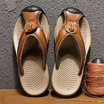 Обувь из натуральной кожи, мужские сандалии, мягкие сандалии-стринги, пляжные тапочки, дышащие уличные мужские шлепанцы, Летняя мужская повседневная обувь
