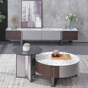 Итальянская легкая экстравагантная комбинация из каменной плиты, журнального столика, ТВ-шкафа, современной простой гостиной с круглым краем, дизайн