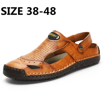 Новые летние Мужские сандалии, уличная Повседневная мужская обувь, Высококачественные Кожаные сандалии, Мужские тапочки Большого размера 38-48