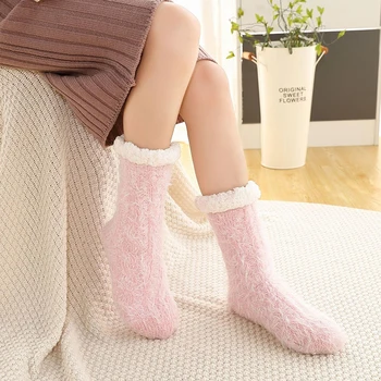 Зимние Теплые утепленные плюшевые флисовые носки для пола, Женские домашние носки, ковры для спальни, Нескользящие носки средней длины, однотонные пушистые носки