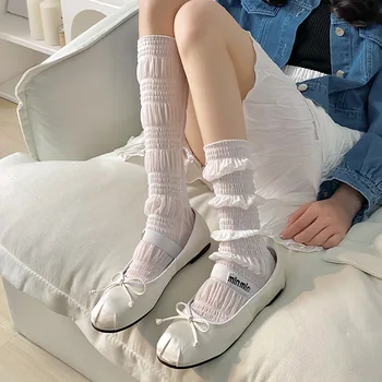 1 пара/2023, сезон Весна-лето, Модные универсальные однотонные Тонкие женские носки, Популярные носки средней длины, чулки в стиле 
